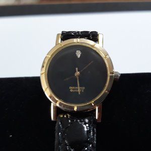 Vintage Diamond Chip And Quartz Black Leather Band - image 1